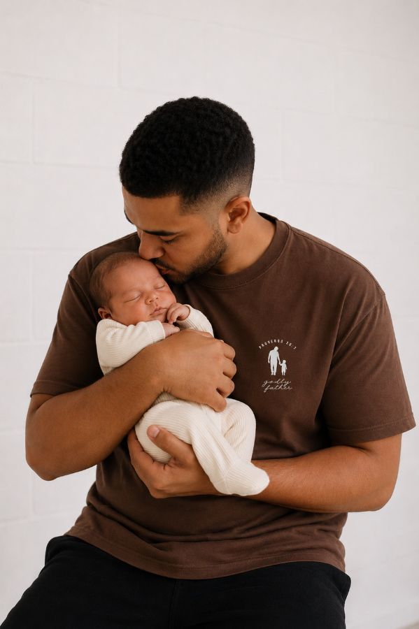 Camiseta PROVÉRBIOS 20.7 vestida por um pai com o filho no colo